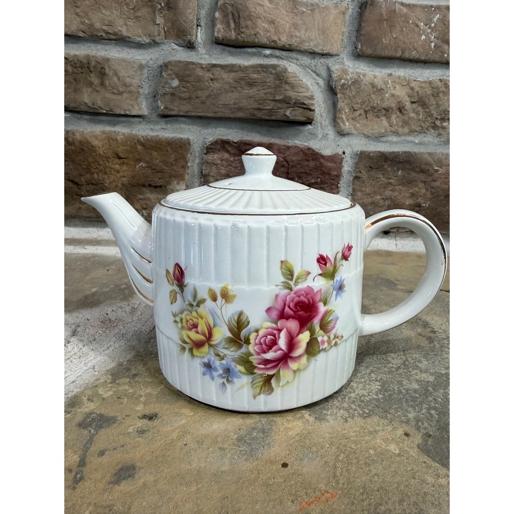 Ellgreave Wood & Sons England Ironstone Teapot Floral Rose Gold Trim Vintage